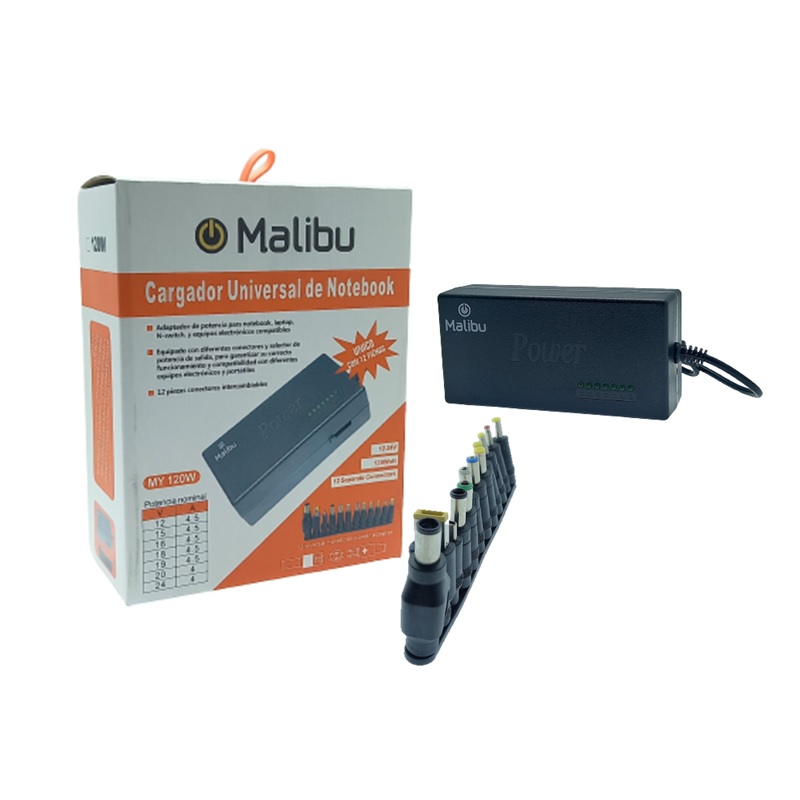 CARGADOR NOTEBOOK UNIVERSAL MALIBU 12 PINES _ MY120W (CAJA NARANJA BLANCO)