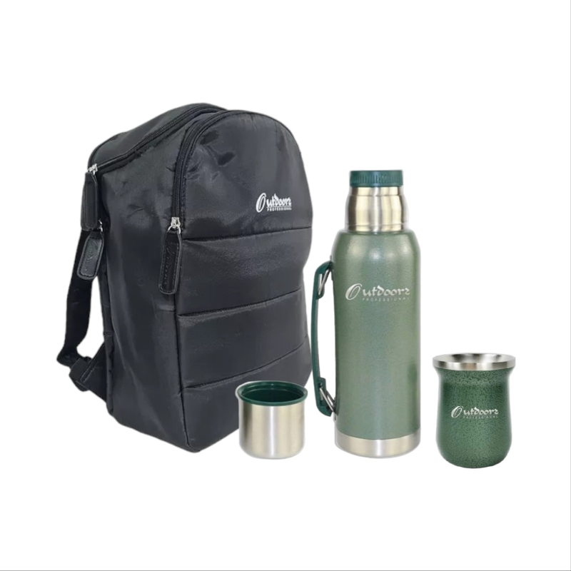 COMBO OUTDOORS PROFESSIONAL TERMO ACERO INOX 1.4LT + MATE MUG + MOCHILA