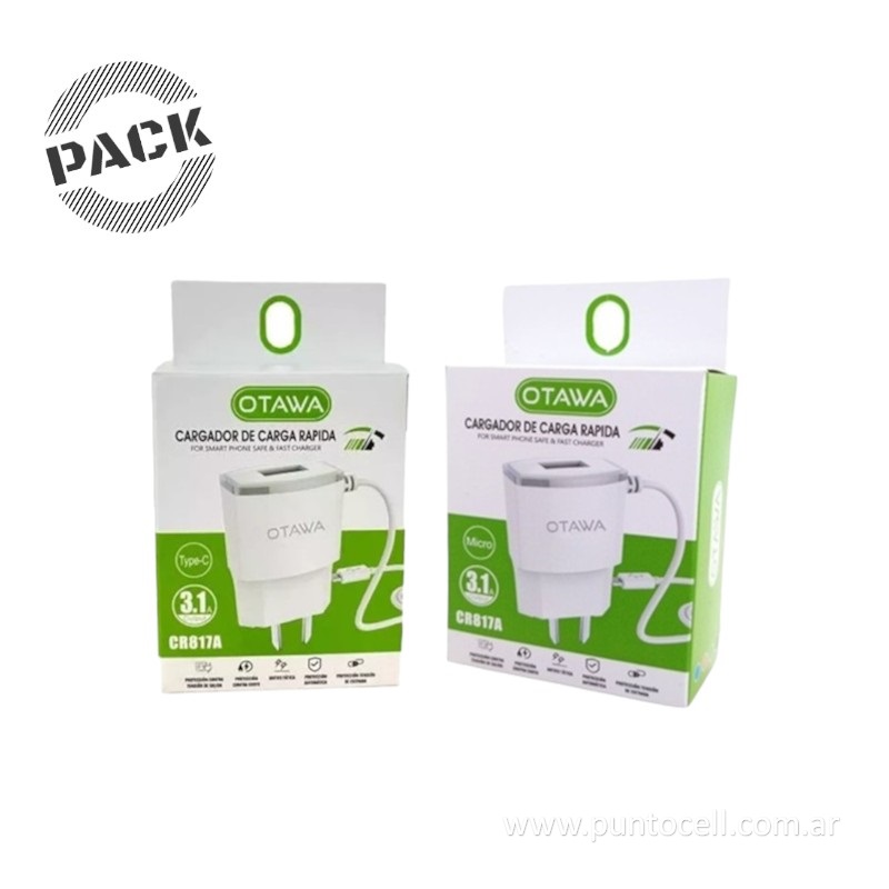 PACK x 50 - CARGADORES 220V OTAWA 3.1A (25 TIPO C + 25 MICRO)