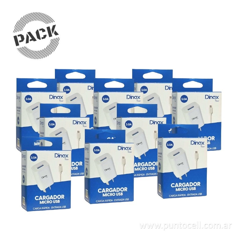 PACK x 10 - CARGADORES 220V DINAX 3A MICRO USB (DX-CAR-3.0-V8)