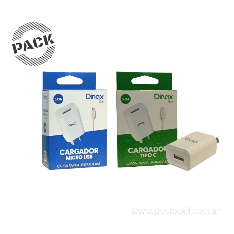 PACK x 50 - CARGADORES 220V DINAX 3A (25 TIPO C + 25 MICRO USB)