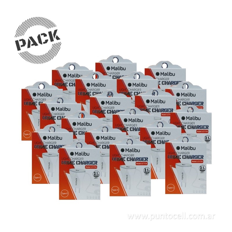 PACK x 20 - CARGADORES 220V MALIBU 3.1A TIPO C (LC111A)