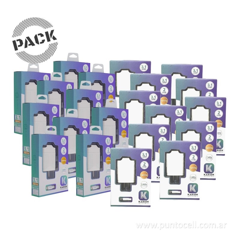 PACK x 50 - CARGADORES 220V KARSEN 3.1A IPHONE (CAR-3150)