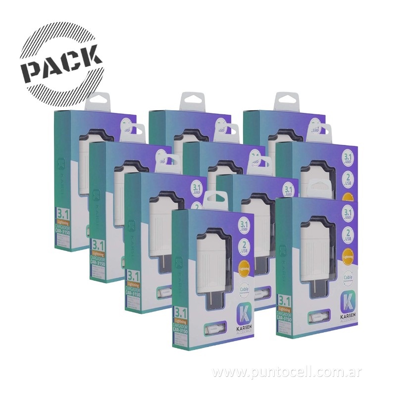 PACK x 10 - CARGADORES 220V KARSEN 3.1A IPHONE (CAR-3150)