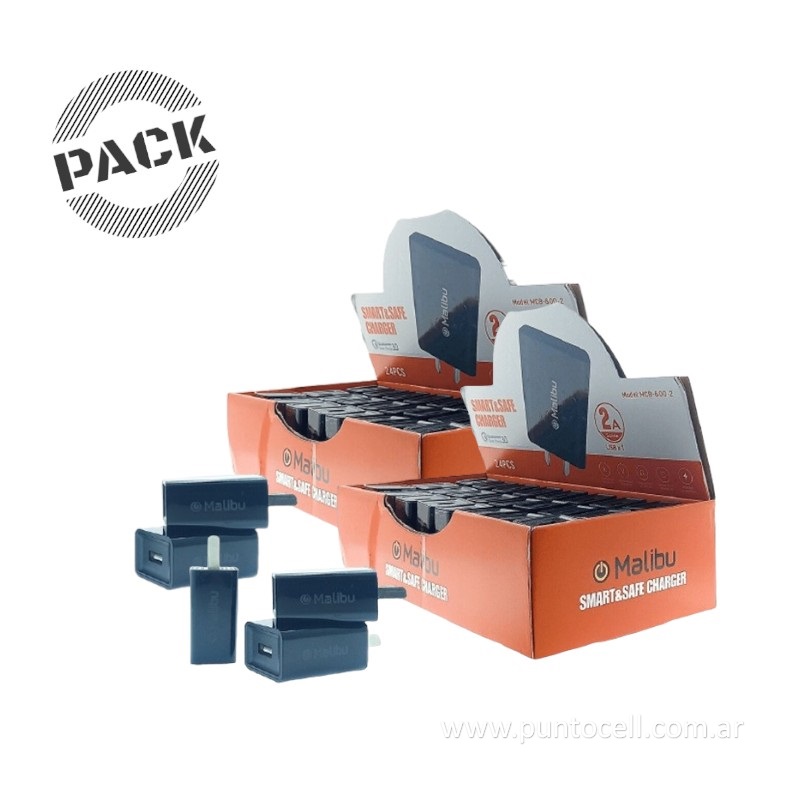 PACK x 48 - CARGADORES 220V MALIBU USB 2A (MCB-600-2)