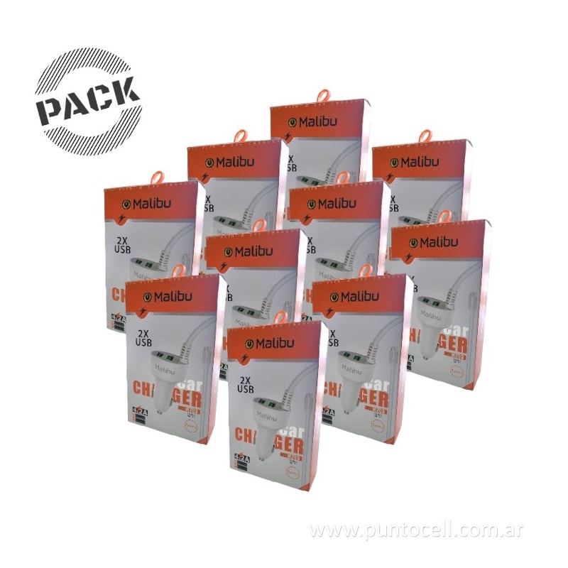 PACK x 10 - CARGADORES 12V MALIBU M203 4.2A MICRO USB + 2 USB