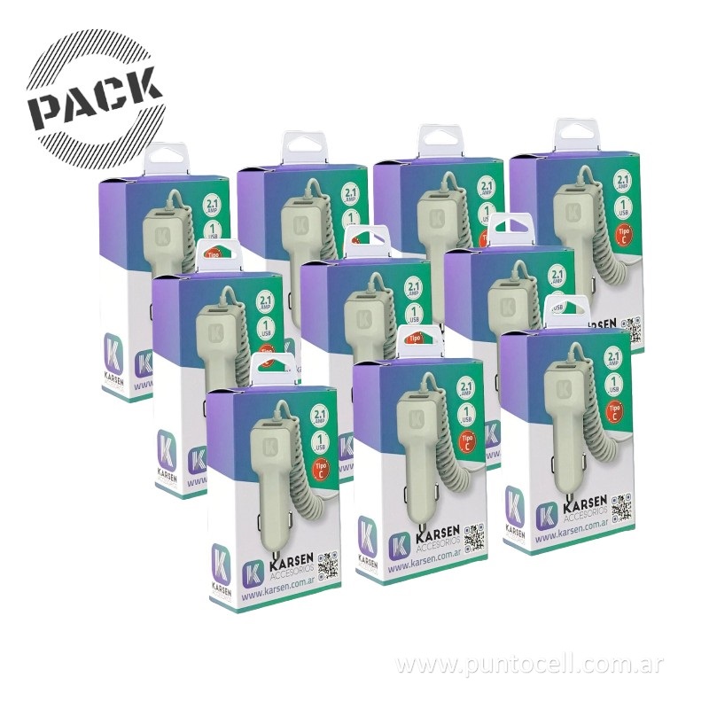 PACK x 10 - CARGADORES 12V KARSEN APOLO 2.1 TIPO C + USB