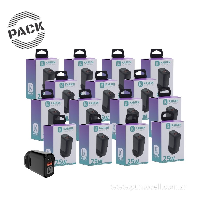 PACK x 20 - CARGADORES 220V KARSEN BASE DUAL 25W USB+USB C (CAR-2501)