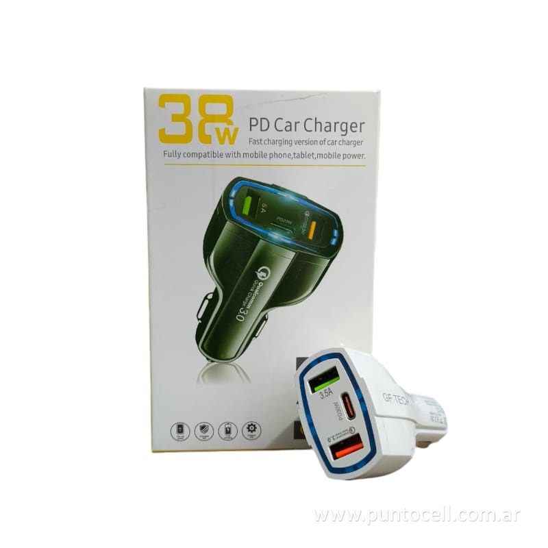 CARGADOR 12V GF-TECH USB C PD 38W + USB QC 3.0 + USB 3.5A