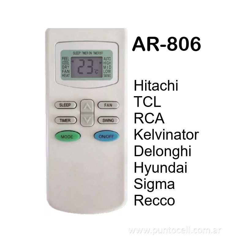 CONTROL REMOTO AIRE ACONDICIONADO Ar-806 (HITACHI-TCL-RCA-DELONGHI-KELVINATOR-HYUNDAI-SIGMA-RECCO-HITPLUS-RANSER)