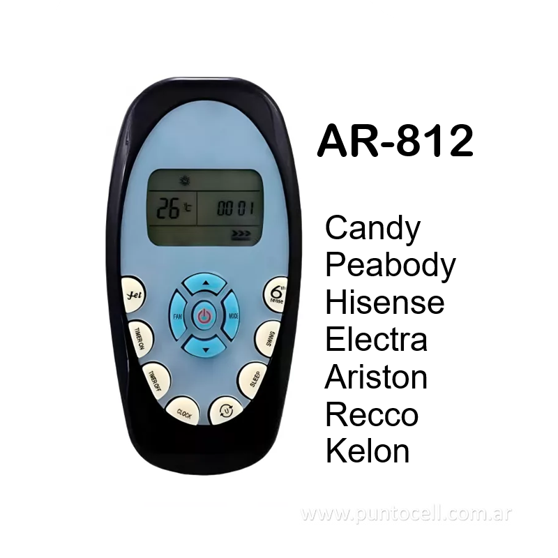 CONTROL REMOTO AIRE ACONDICIONADO Ar-812 (ELECTRA-CANDY-PEABODY-HISENSE-KELON-ARISTON-RECCO)