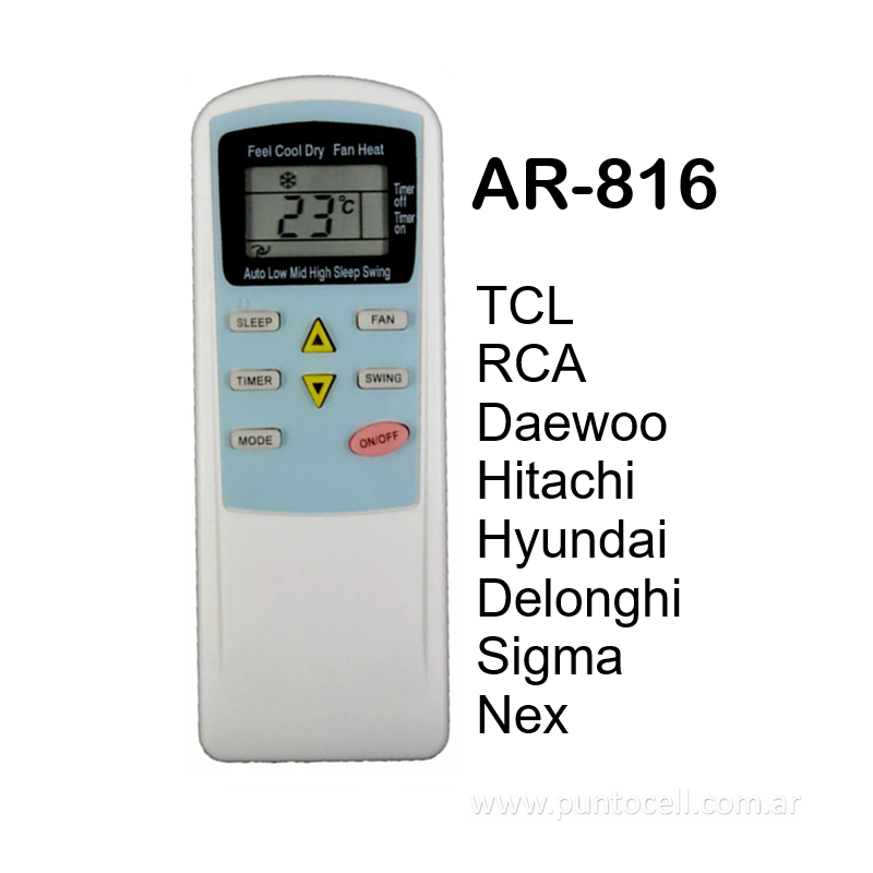 CONTROL REMOTO AIRE ACONDICIONADO Ar-816 (TCL-RCA-DELONGHI-HITACHI-HYUNDAI-SIGMA-NEX-DAEWOO)