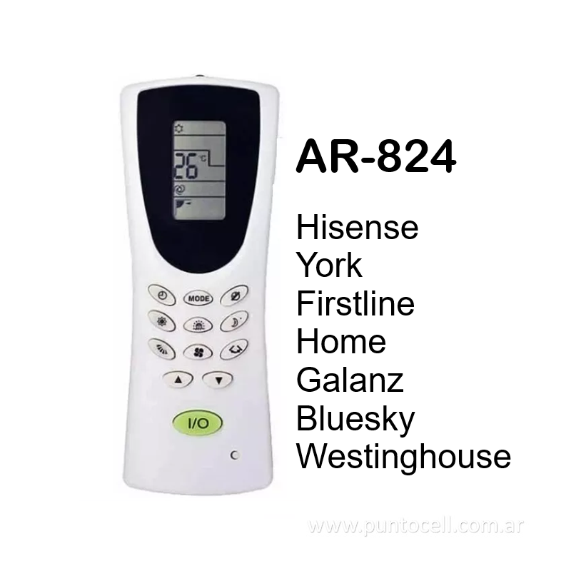 CONTROL REMOTO AIRE ACONDICIONADO Ar-824 (FIRSTLINE-HOME-YORK-HISENSE-GALANZ-BLUESKY-WESTINGHOUSE)