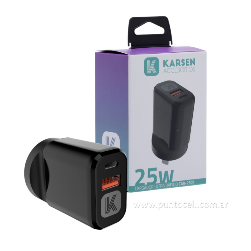 CARGADOR 220V KARSEN CAR-2501 BASE DUAL 25W USB+USB C ► CARGA RAPIDA