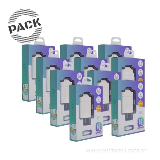 [104714] PACK x 10 - CARGADORES 220V KARSEN 3.1A IPHONE (CAR-3150)