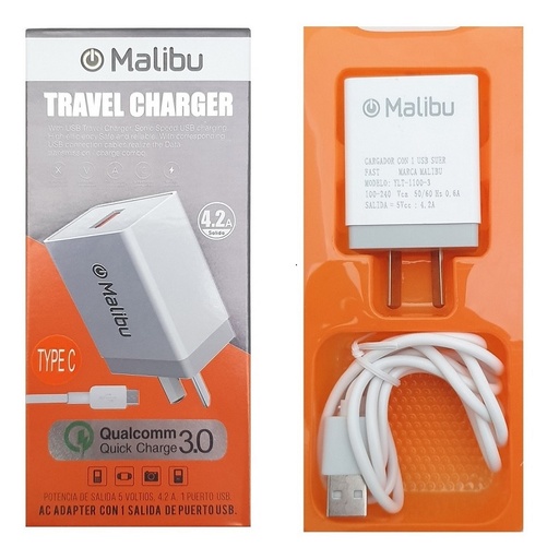 [11305] CARGADOR 220V MALIBU 4.2A QC 3.0 MICRO USB + USB